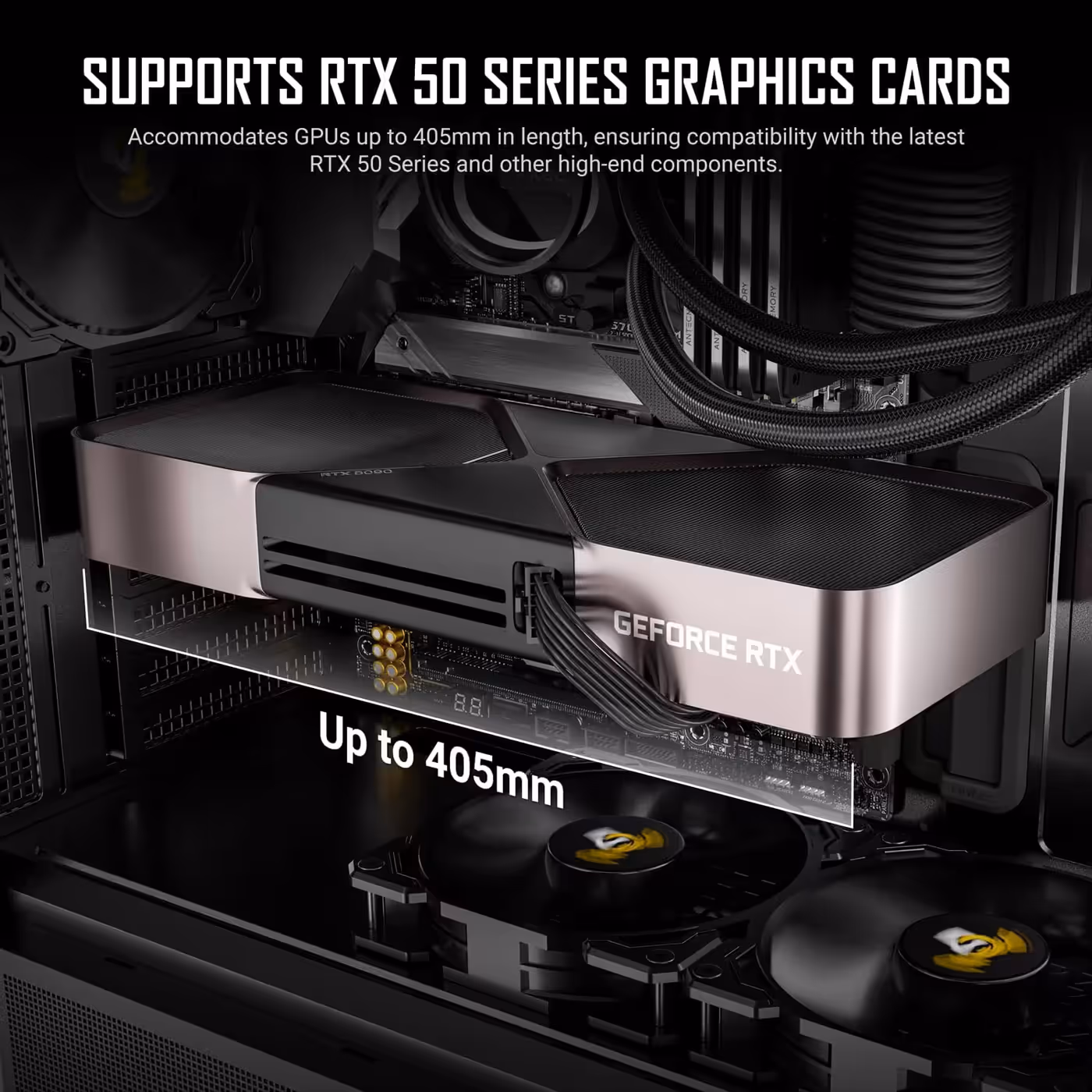 Large graphics card inside the Antec P30 Air, slide marked up to 405mm