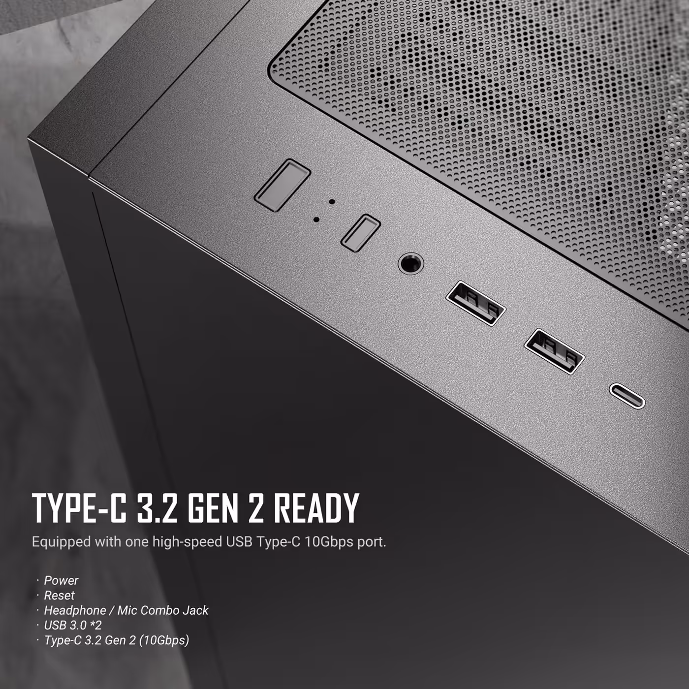 Front I/O panel of the Antec P30 Air with buttons, USB 3.0 ports and a Type-C port