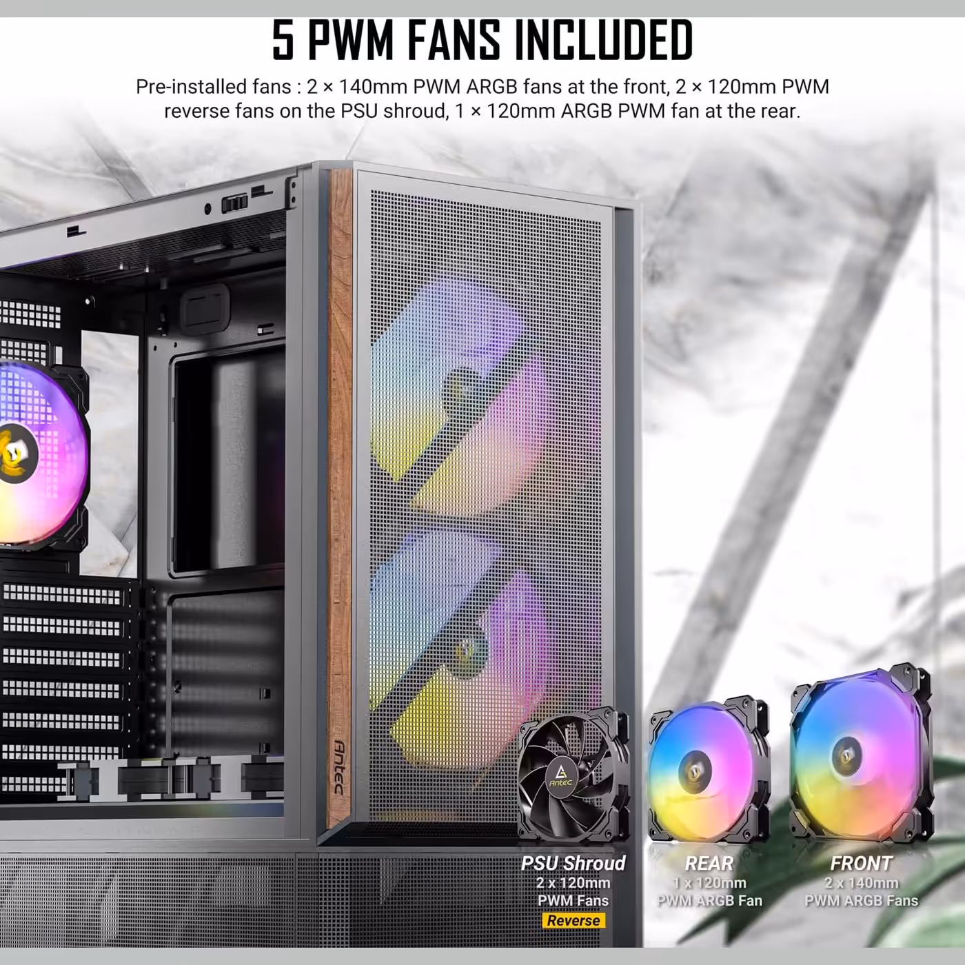 Antec P30 ARGB with its five included fans shown beside the case, three lit with ARGB