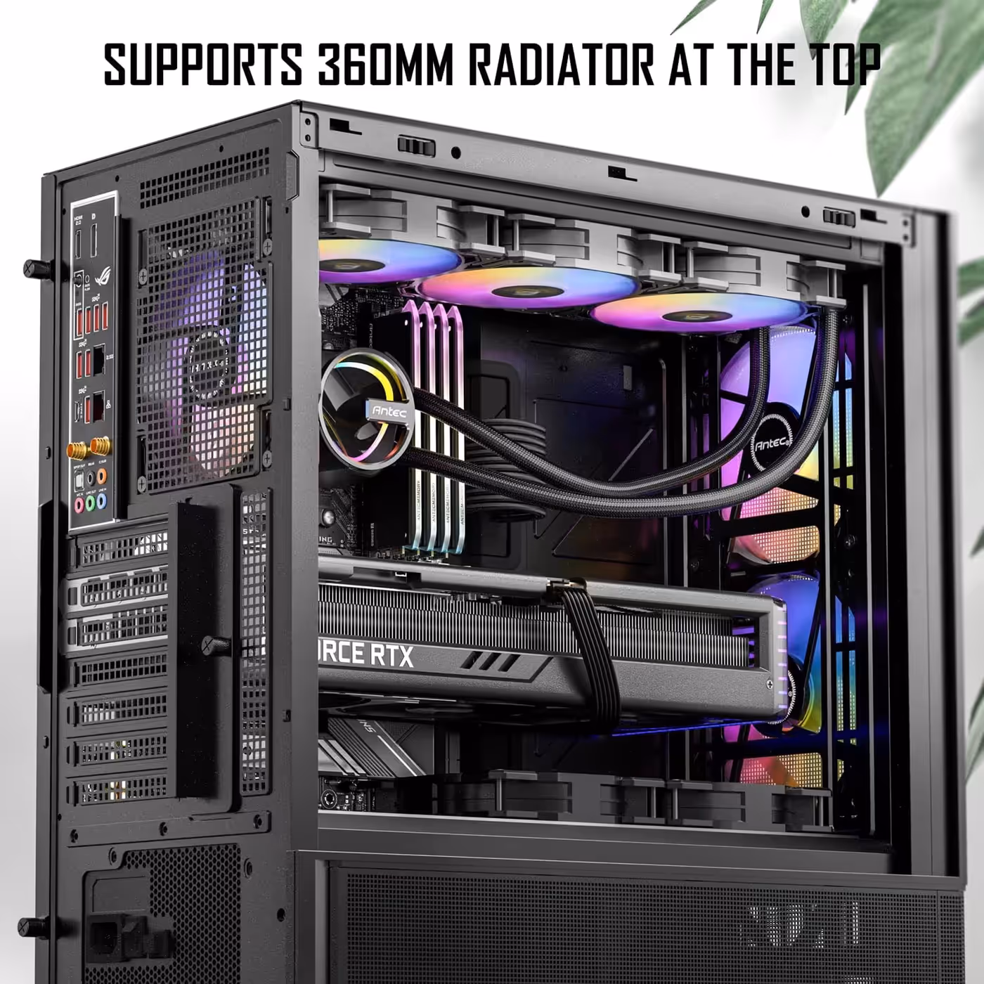 Antec P30 ARGB interior with a 360mm liquid cooler radiator and three fans at the top