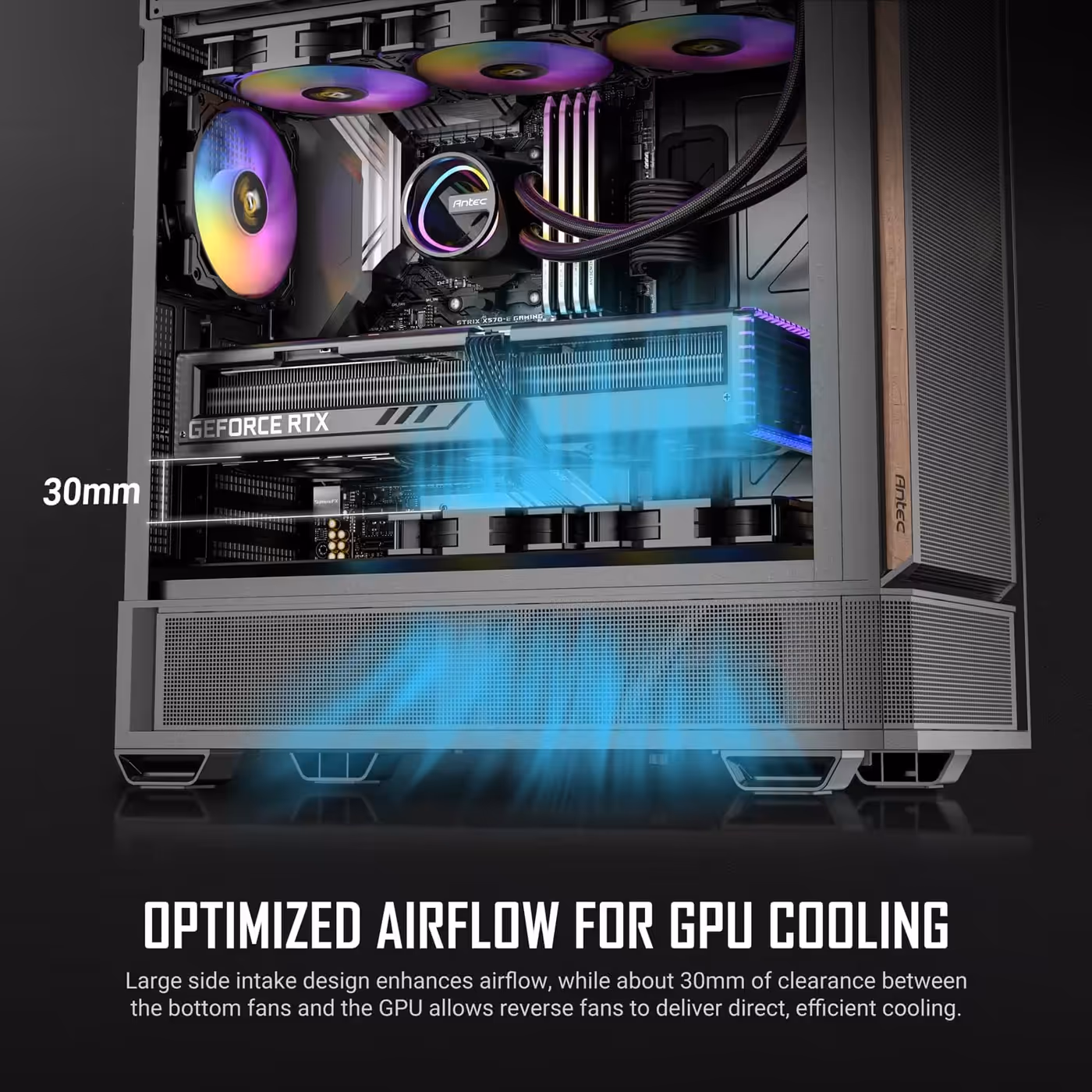 Antec P30 ARGB interior with a 30mm gap marked between the shroud fans and the graphics card