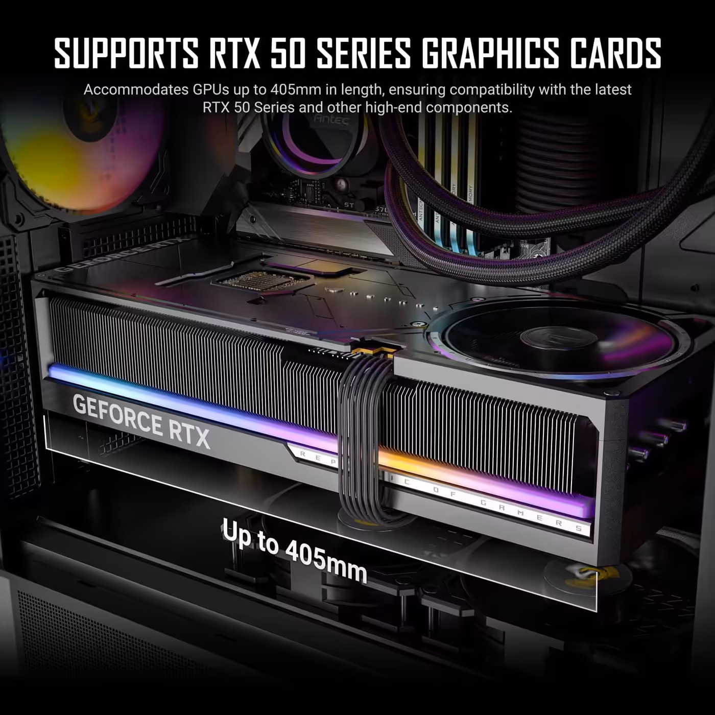 Large GeForce RTX graphics card inside the Antec P30 ARGB, slide marked up to 405mm