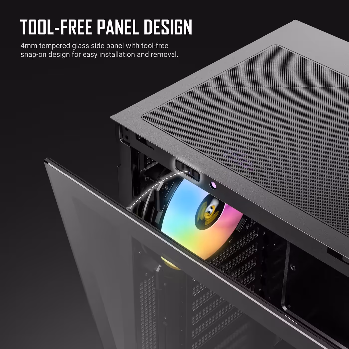 Antec P30 ARGB with its tempered glass side panel opened on the hinge side, tool-free design