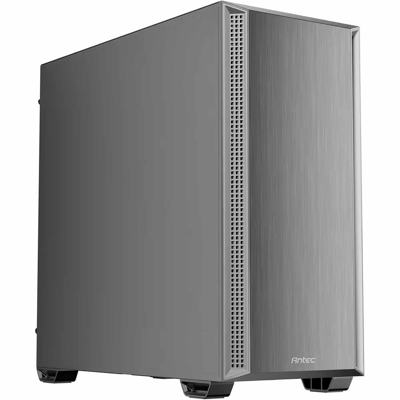 Antec P7S in silver, front three-quarter view showing the brushed panel and mesh strips