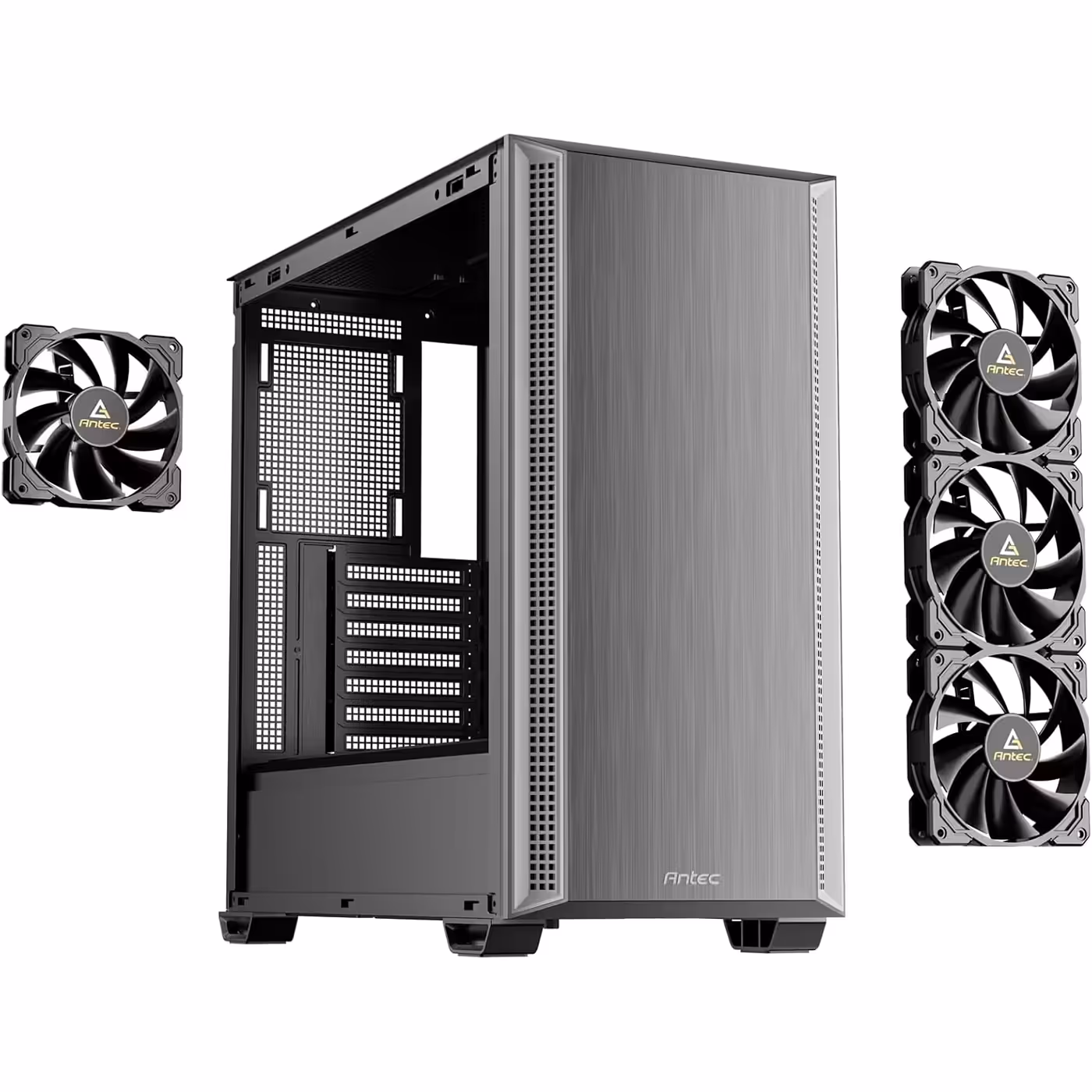 Antec P7S in silver beside its four 120mm PWM fans, three front and one rear