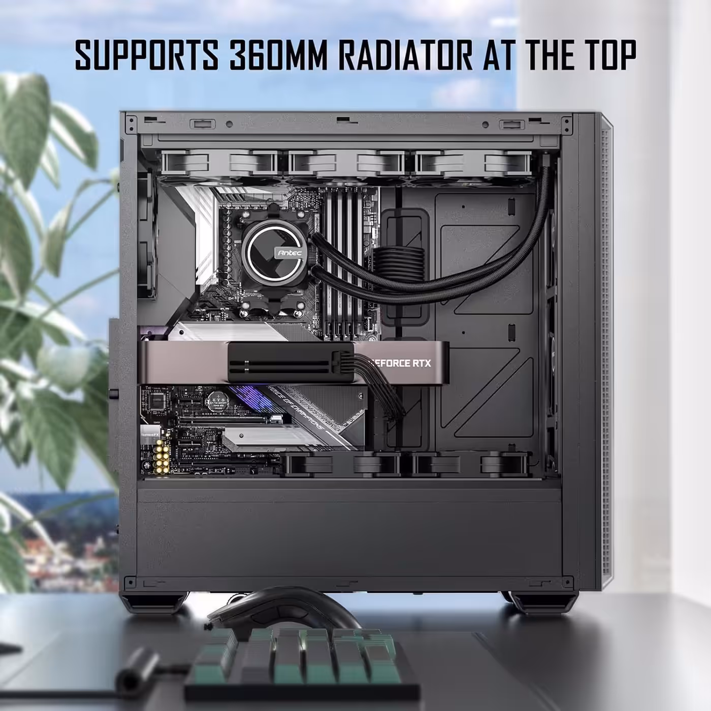 Antec P7S with a liquid cooler radiator mounted at the top of the case