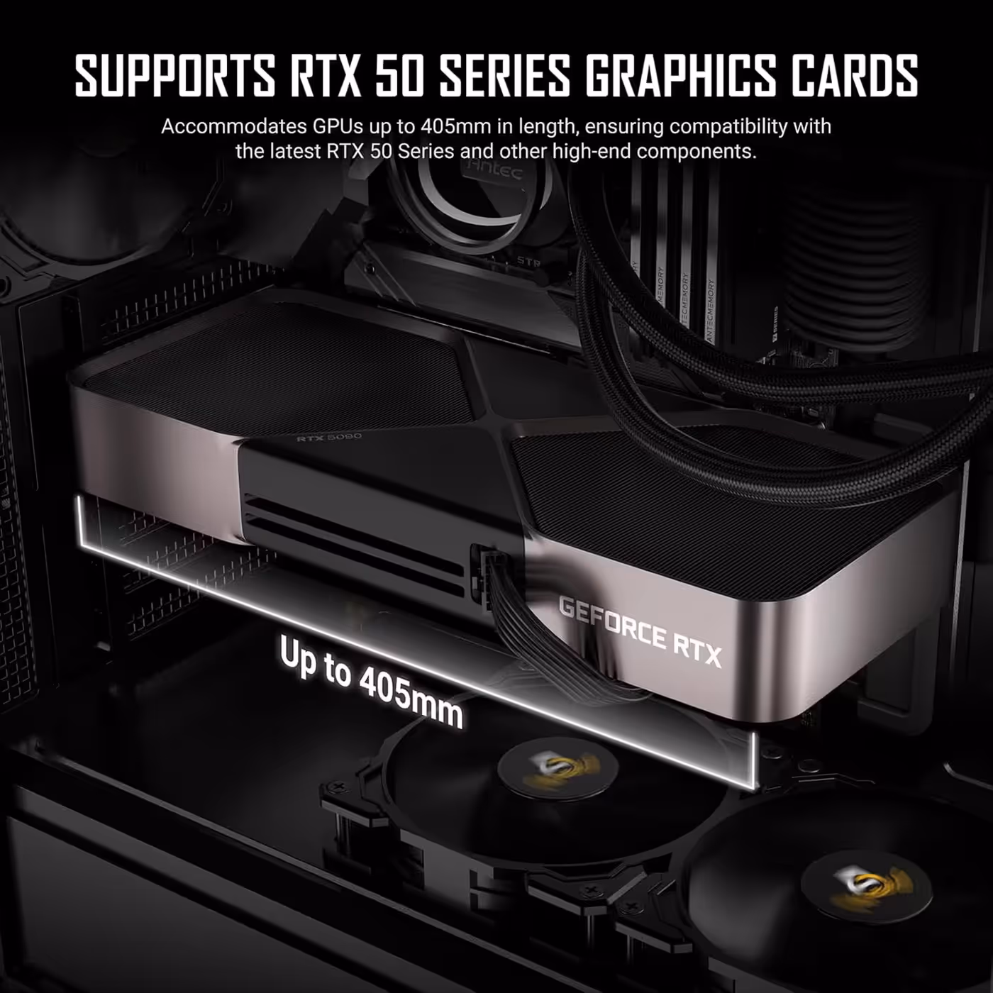 Antec P7S interior with a long graphics card and a length marker along the card
