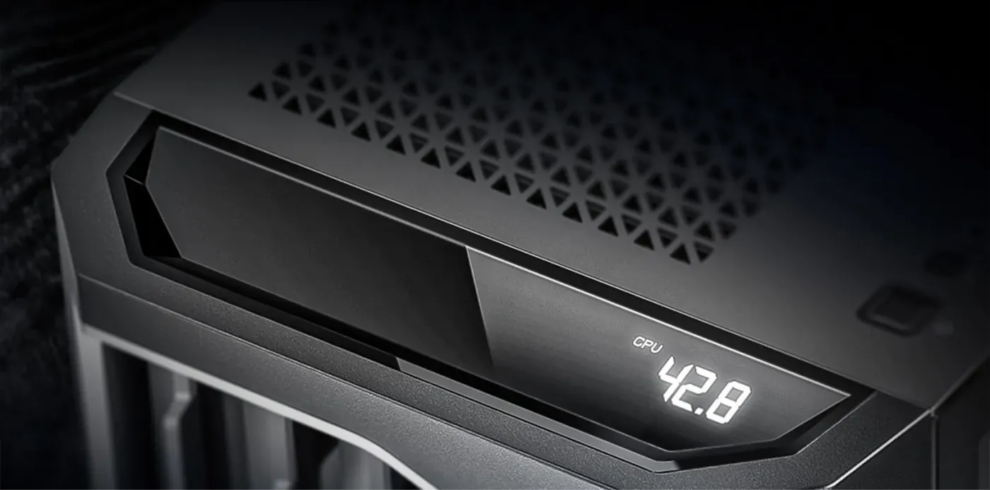 Antec Full Tower ARGB case showing CPU and GPU temperature display