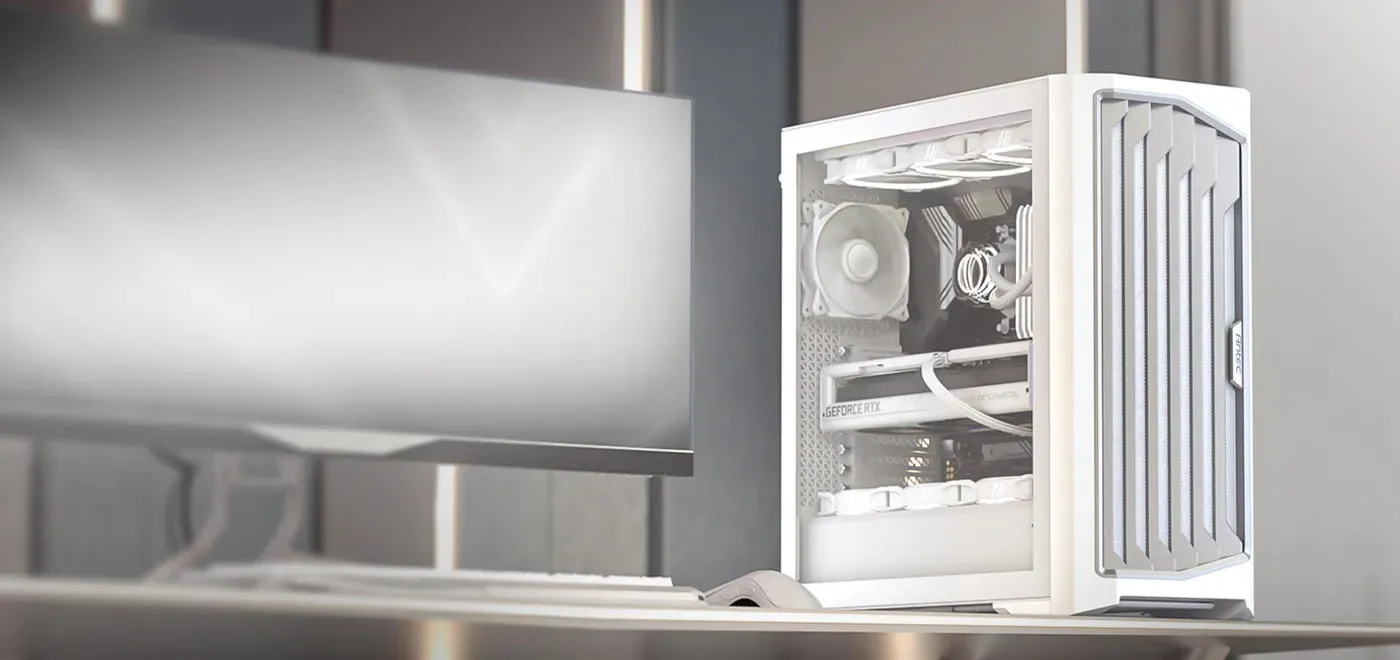 Antec Performance 1 FT White Gaming Case displayed prominently in a modern setup