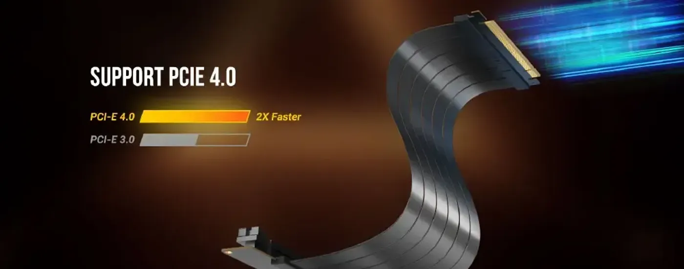 Close-up of the gold-plated PCIe connector on the Antec riser cable