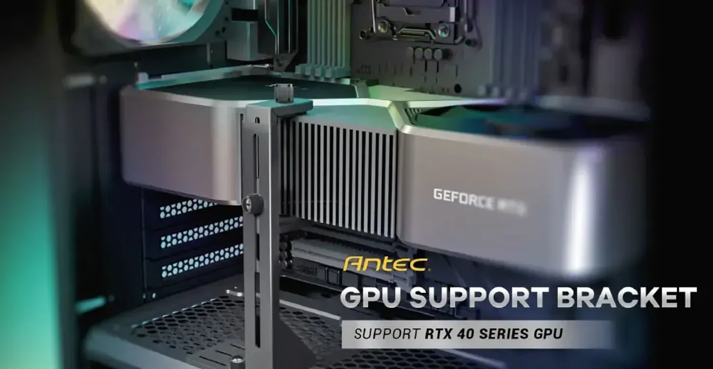 Antec RTX 40 Series GPU support bracket standing upright on its gloss base