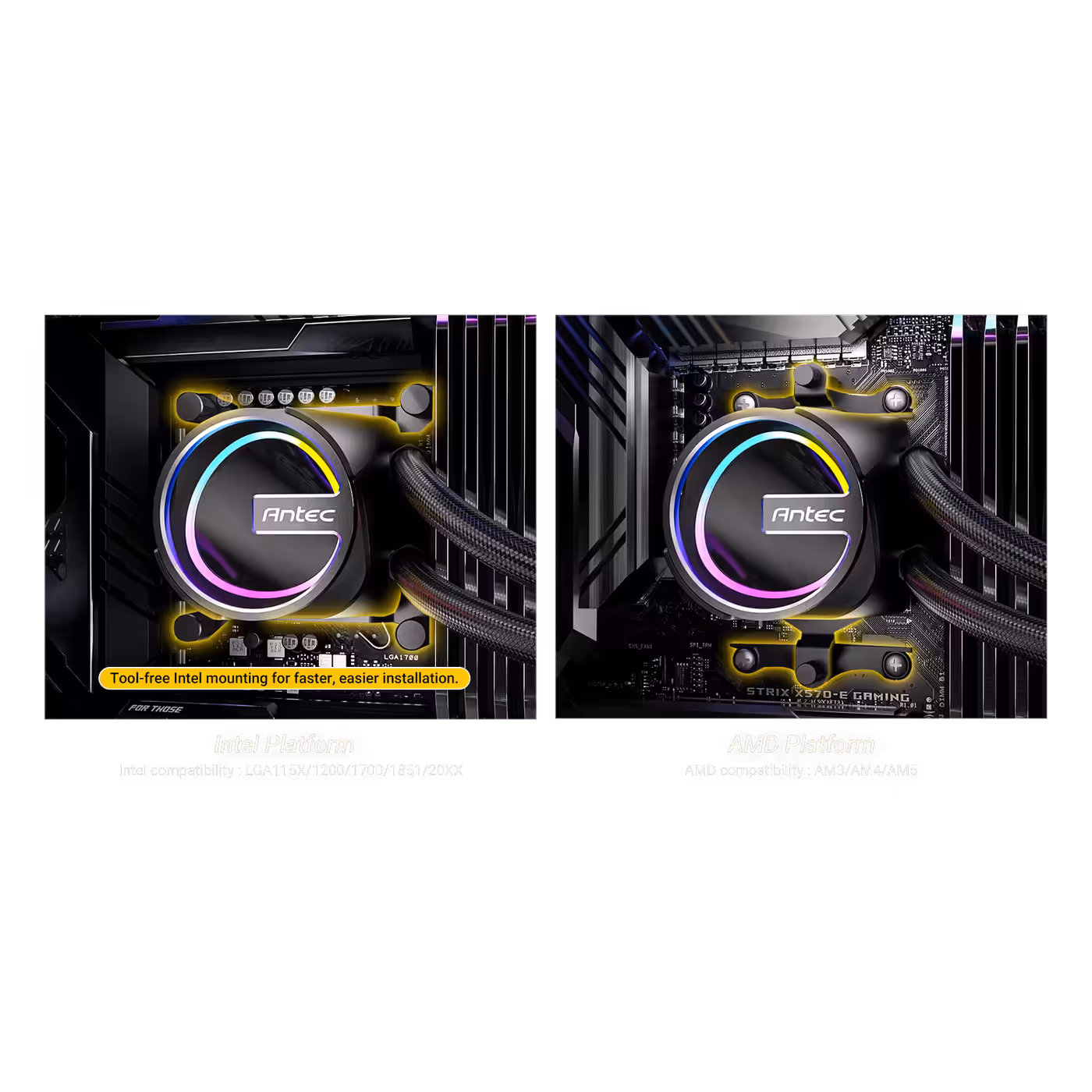 Black Antec Skeleton Matrix pump head fitted on two motherboards, labelled tool-free Intel mounting