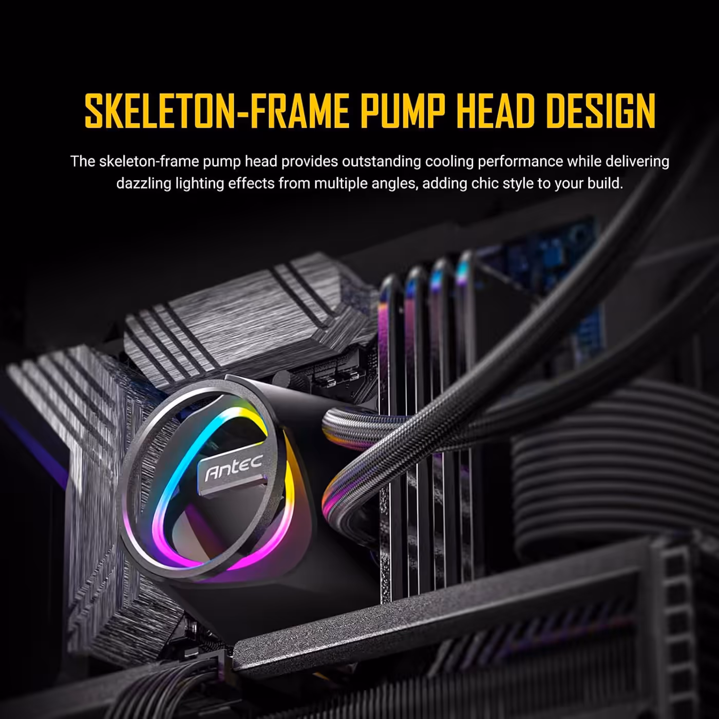 Black Antec Skeleton Matrix pump head lit with an ARGB ring in a PC beside RAM, black hoses