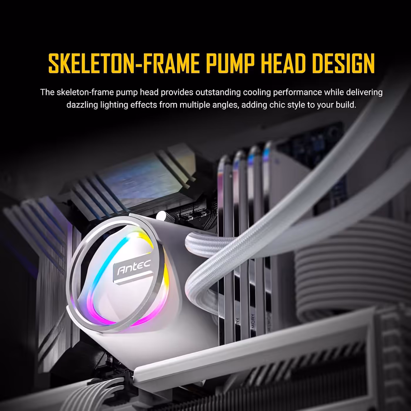 White Antec Skeleton Matrix pump head with a lit ARGB ring in a PC, beside RAM and white hoses
