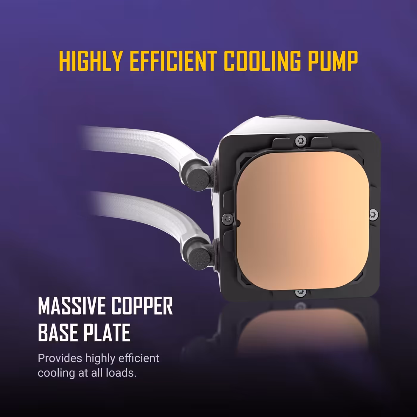 White Antec Skeleton Matrix pump block showing the copper base plate and white hoses on a purple background