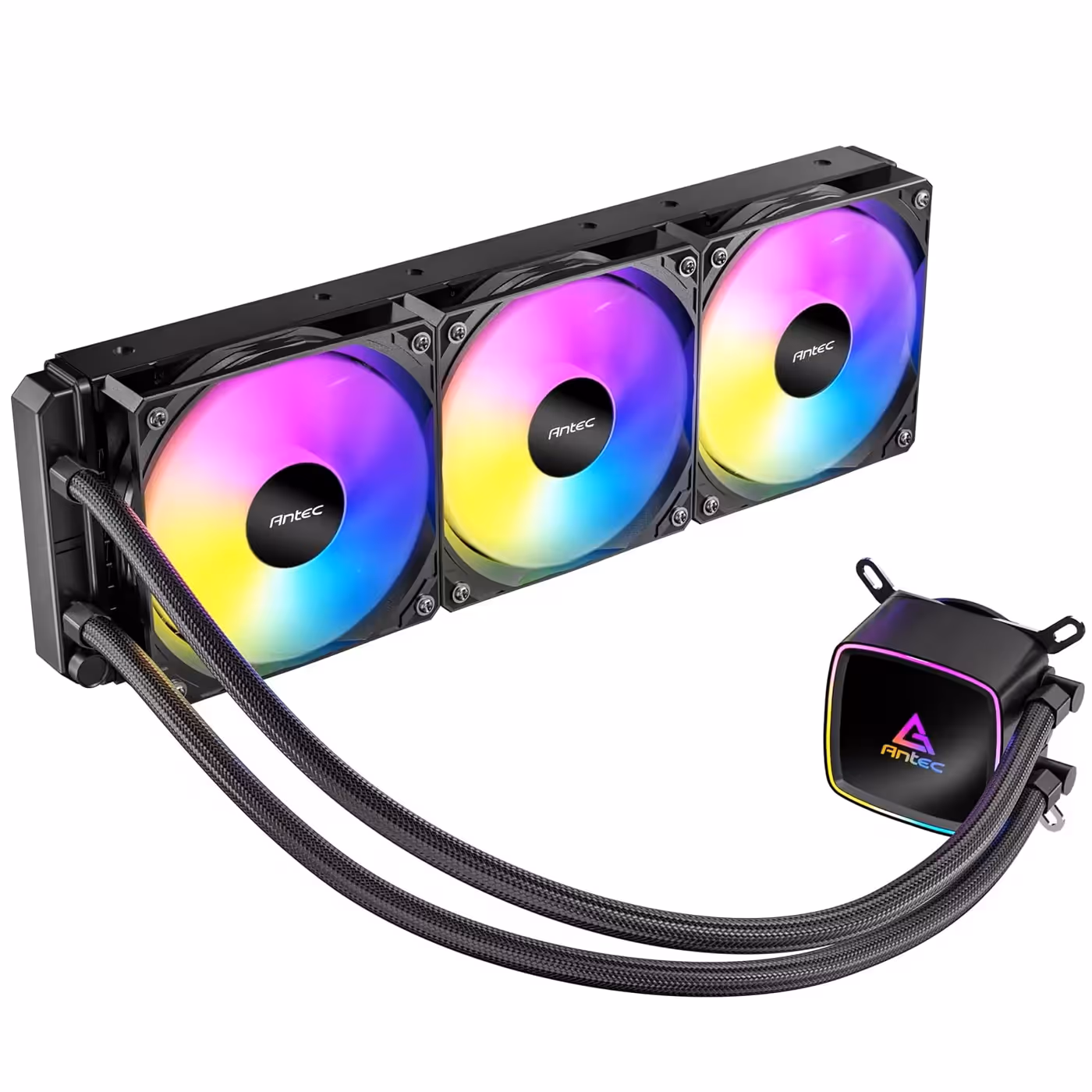 Black Ultra 360 ARGB liquid cooler with three rainbow-lit fans and the pump head