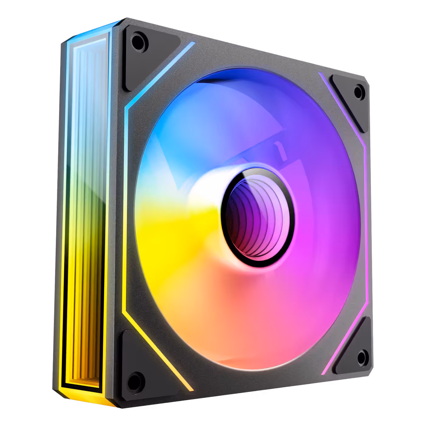 Angled view of a black Vision 120 ARGB fan with lit ARGB strip on the side of the frame