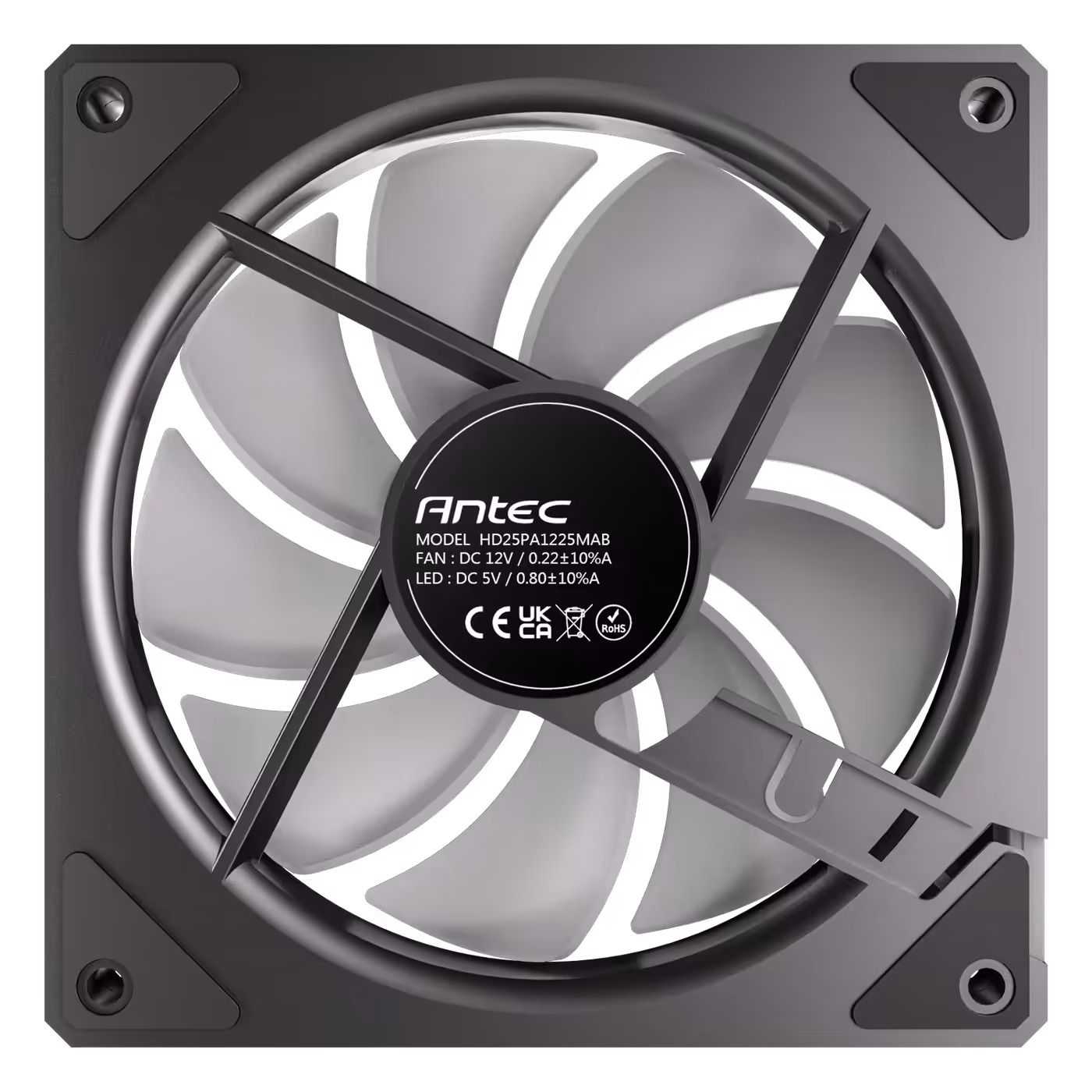 Back of a Vision 120 ARGB fan with the model label on the motor hub