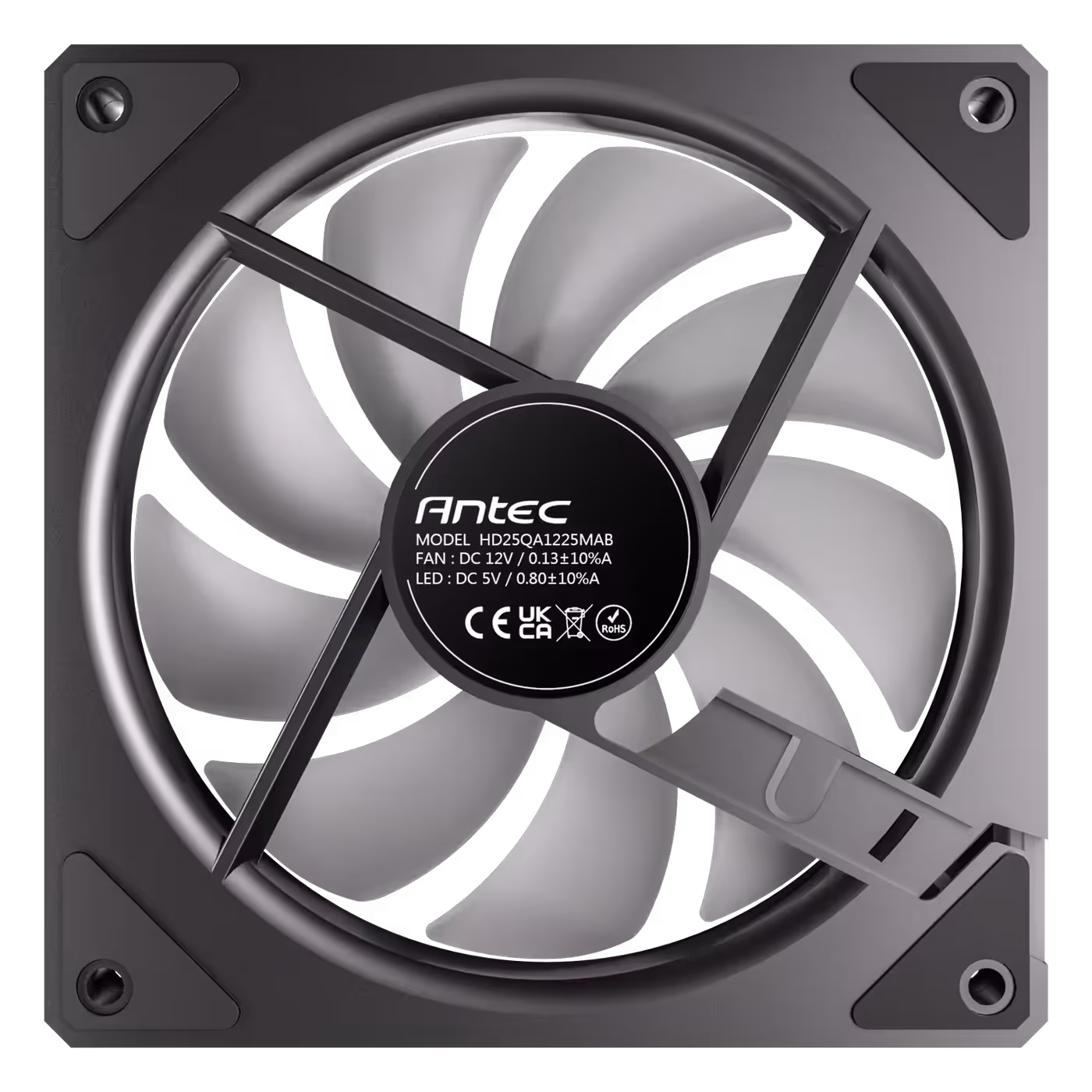 Back of a Vision 120R ARGB fan with the model label on the motor hub