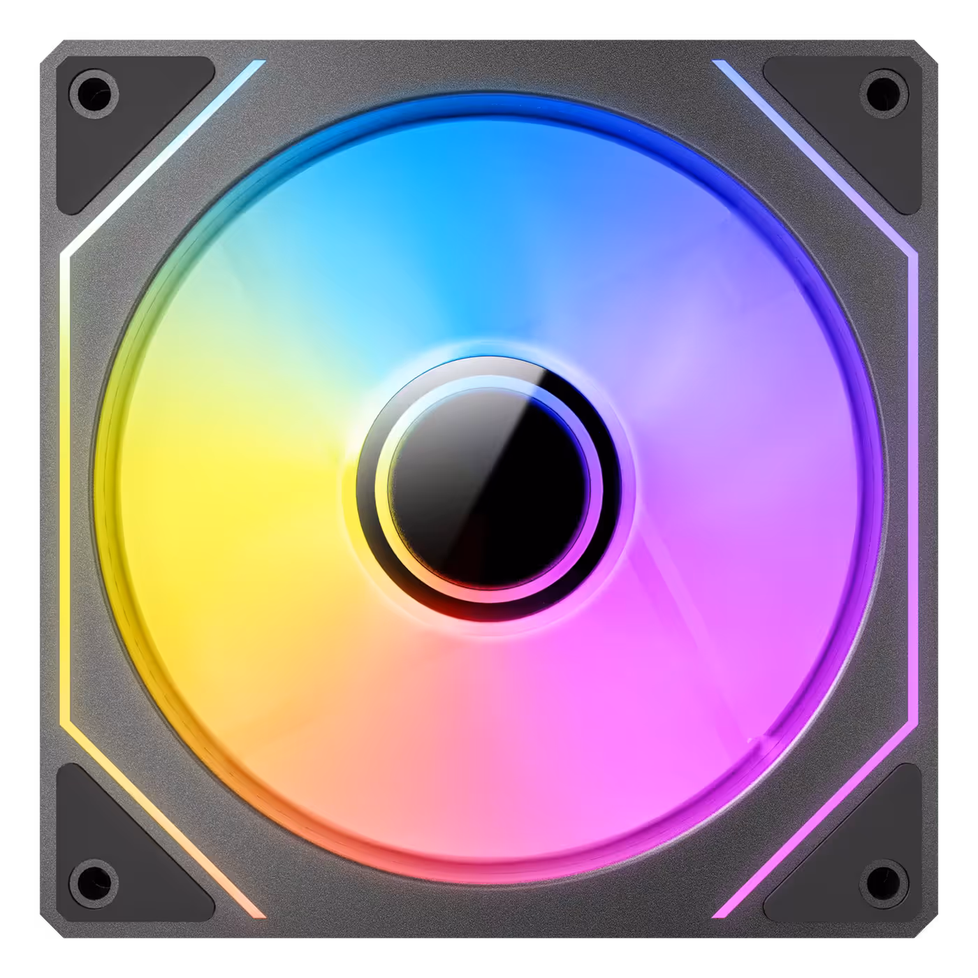 Straight-on view of a Vision 120R ARGB fan with a rainbow glow