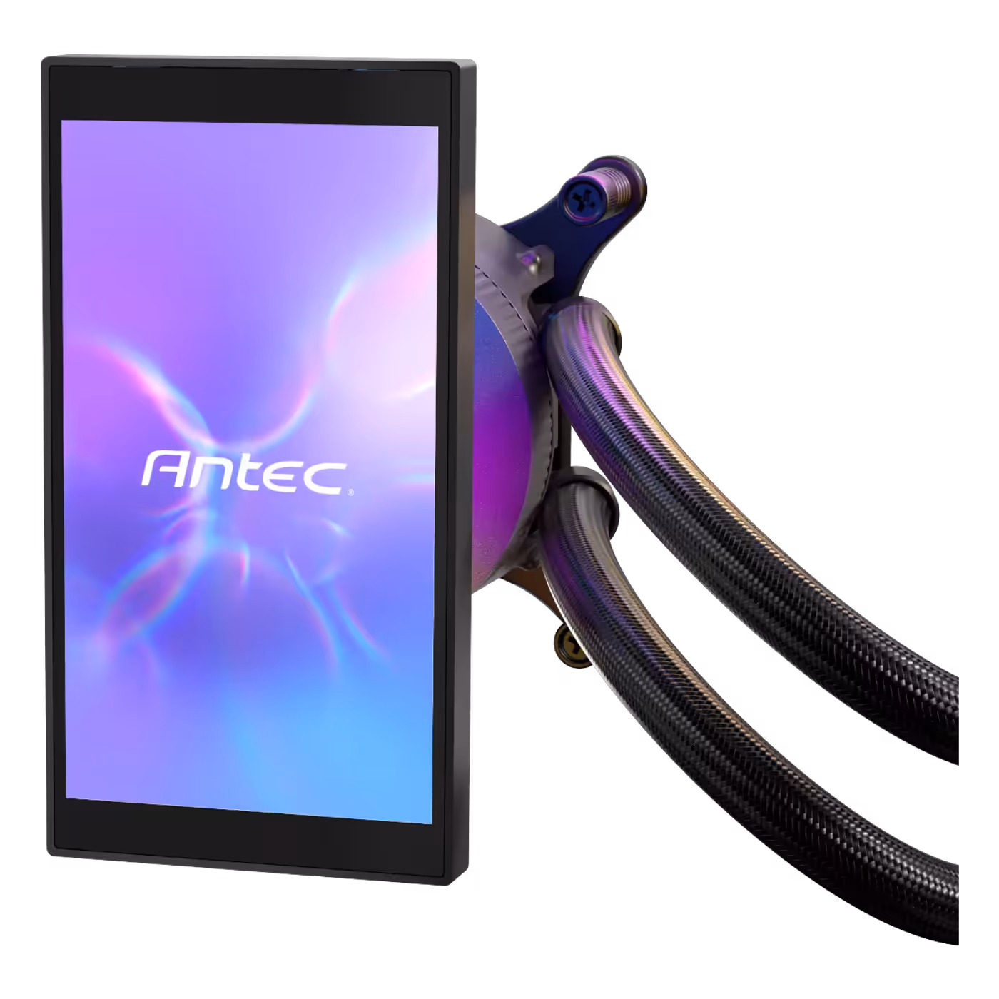 Black 5-inch display on the Vortex View 360 pump head showing an Antec logo