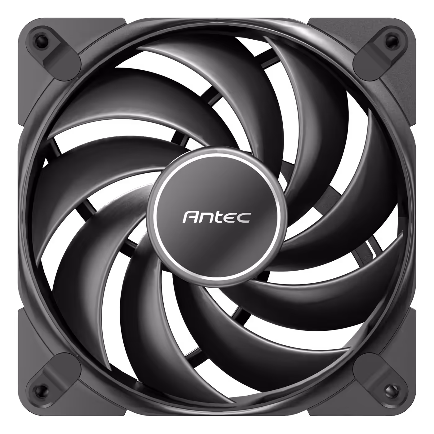 Black 120mm PWM fan with curved blades and an Antec hub