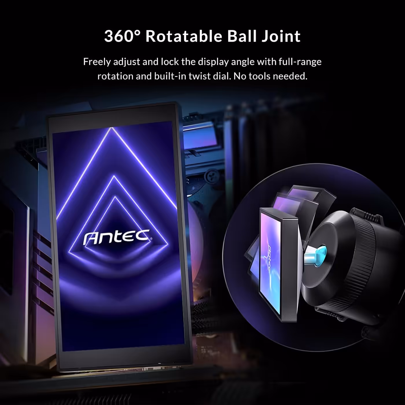 Vortex View 360 screen on its rotating ball joint with an inset of the twist dial