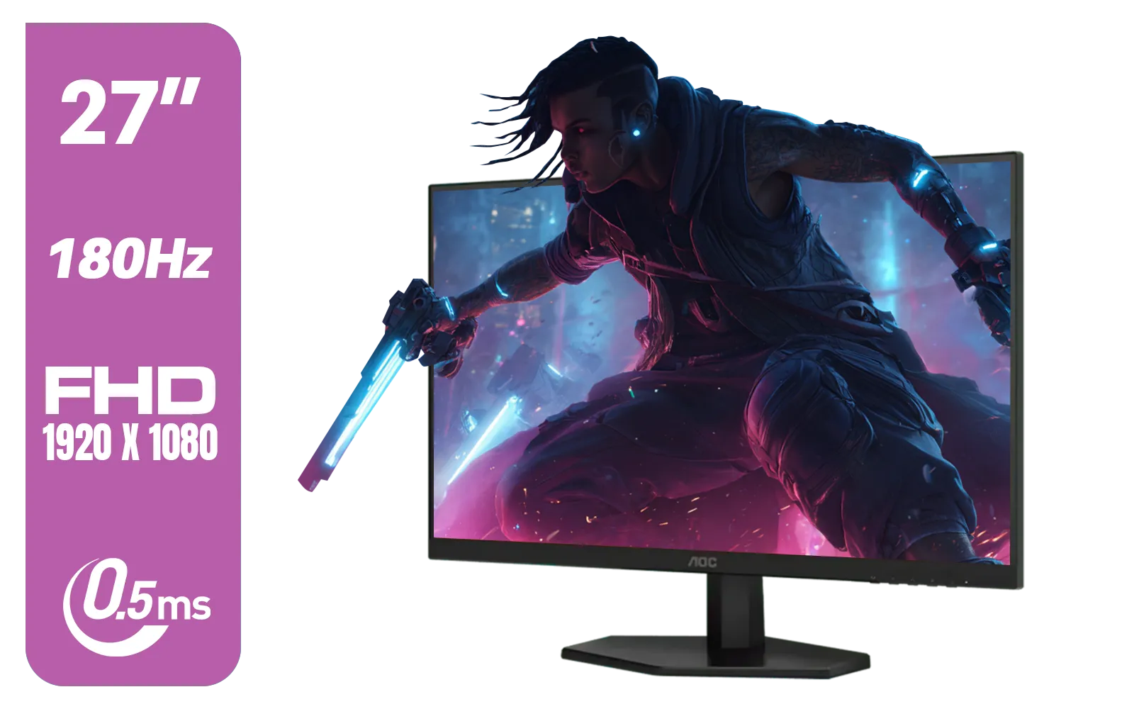 AOC 27G42E 27" 180Hz Ultra-Fast Gaming Monitor, 1920 × 1080 (FHD), 0.5ms, Fast IPS, Adaptive Sync, 3-Sided Frameless Design, Black / 27G42E