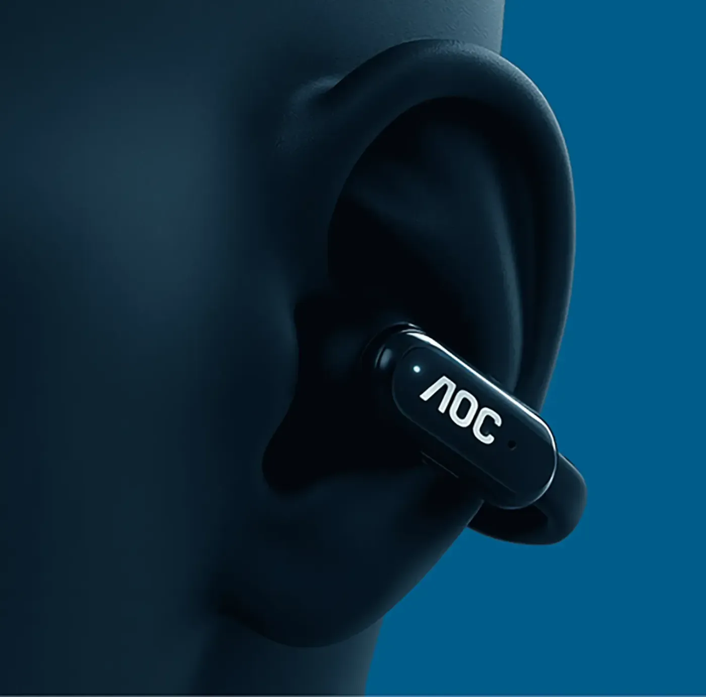 AOC ACD2534 wireless earphones featuring an ergonomic ear clip for stable sports performance