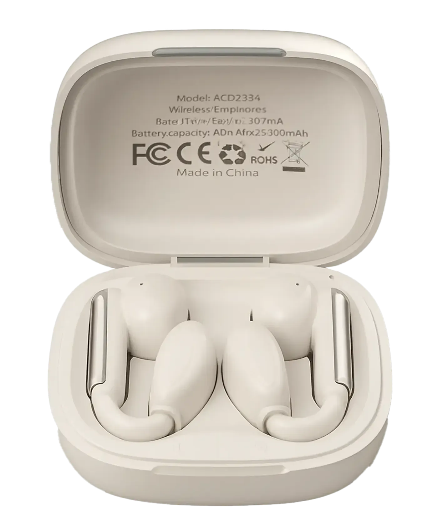 AOC ACD2534 wireless Bluetooth earphones in white, ergonomic design with ear clip technology