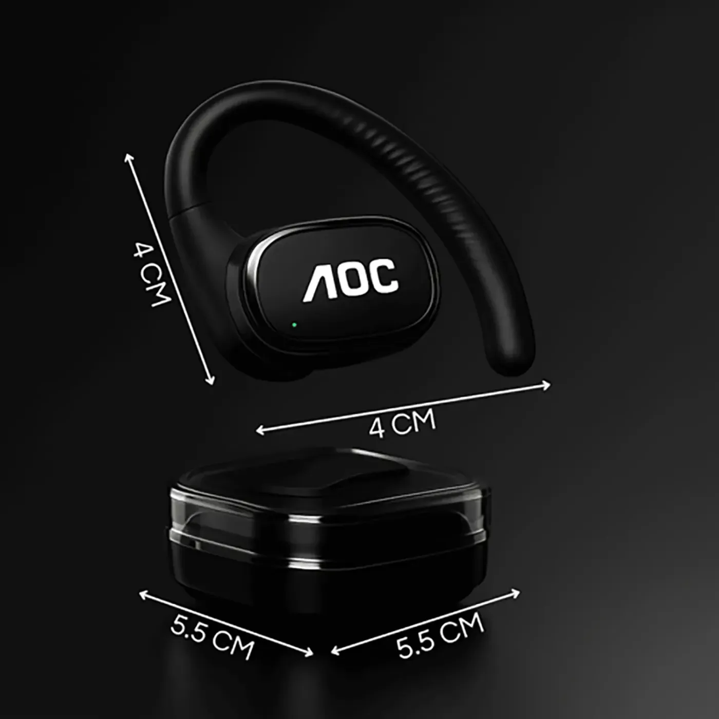 AOC ACD3501 wireless Bluetooth earphones in black, highlighting secure fit for sports and workouts