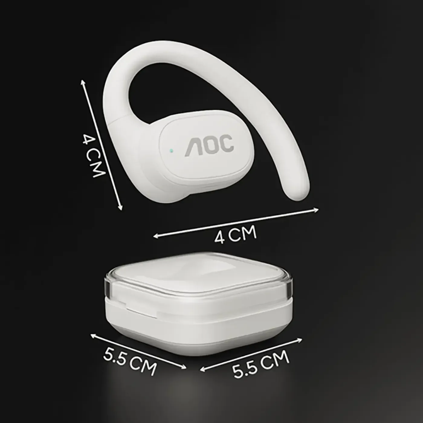 Close-up of White AOC ACD3501 Wireless Bluetooth Earphones with LED Lights and Control Buttons
