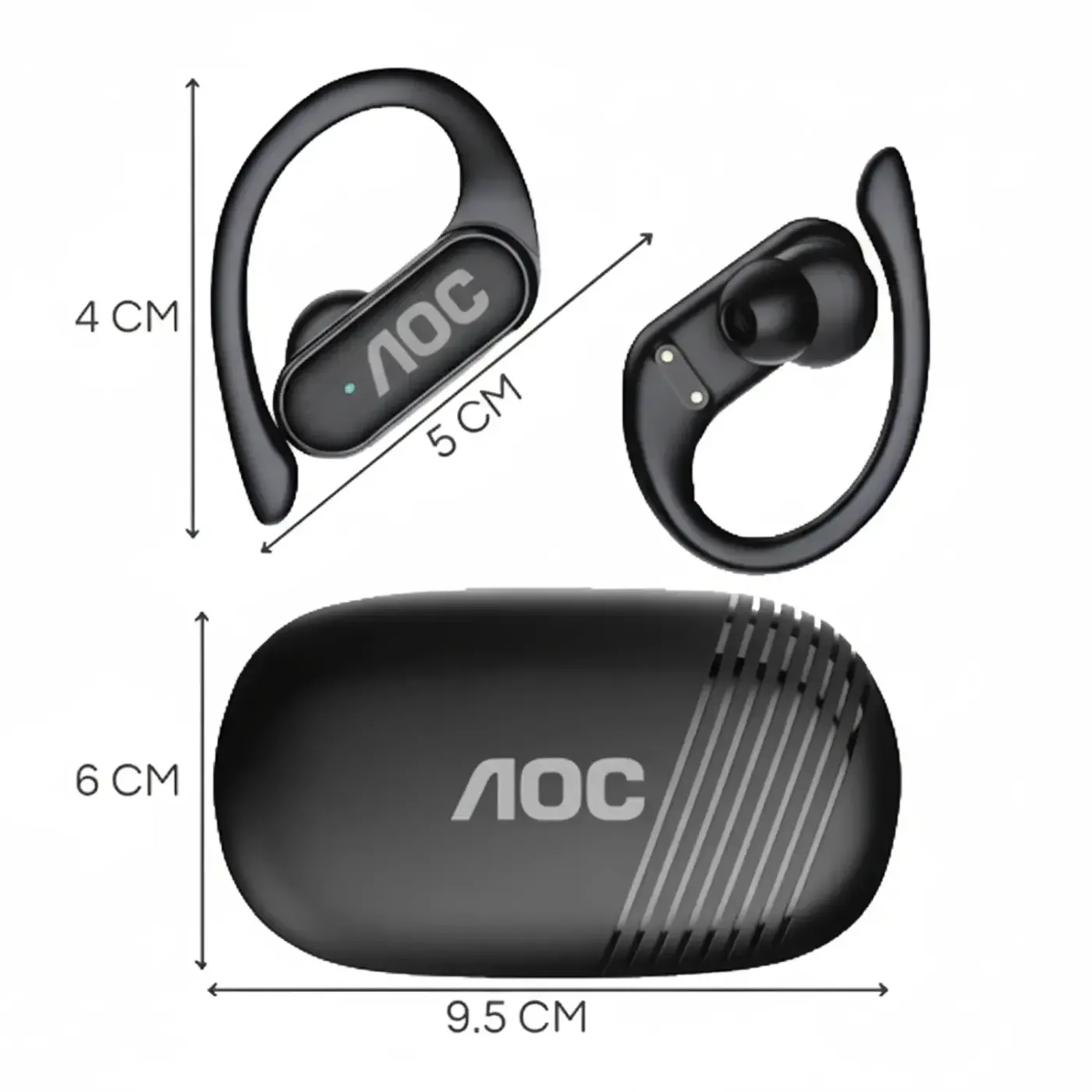 AOC ACD3511 wireless Bluetooth earbuds black front view, over-ear design, with charging case