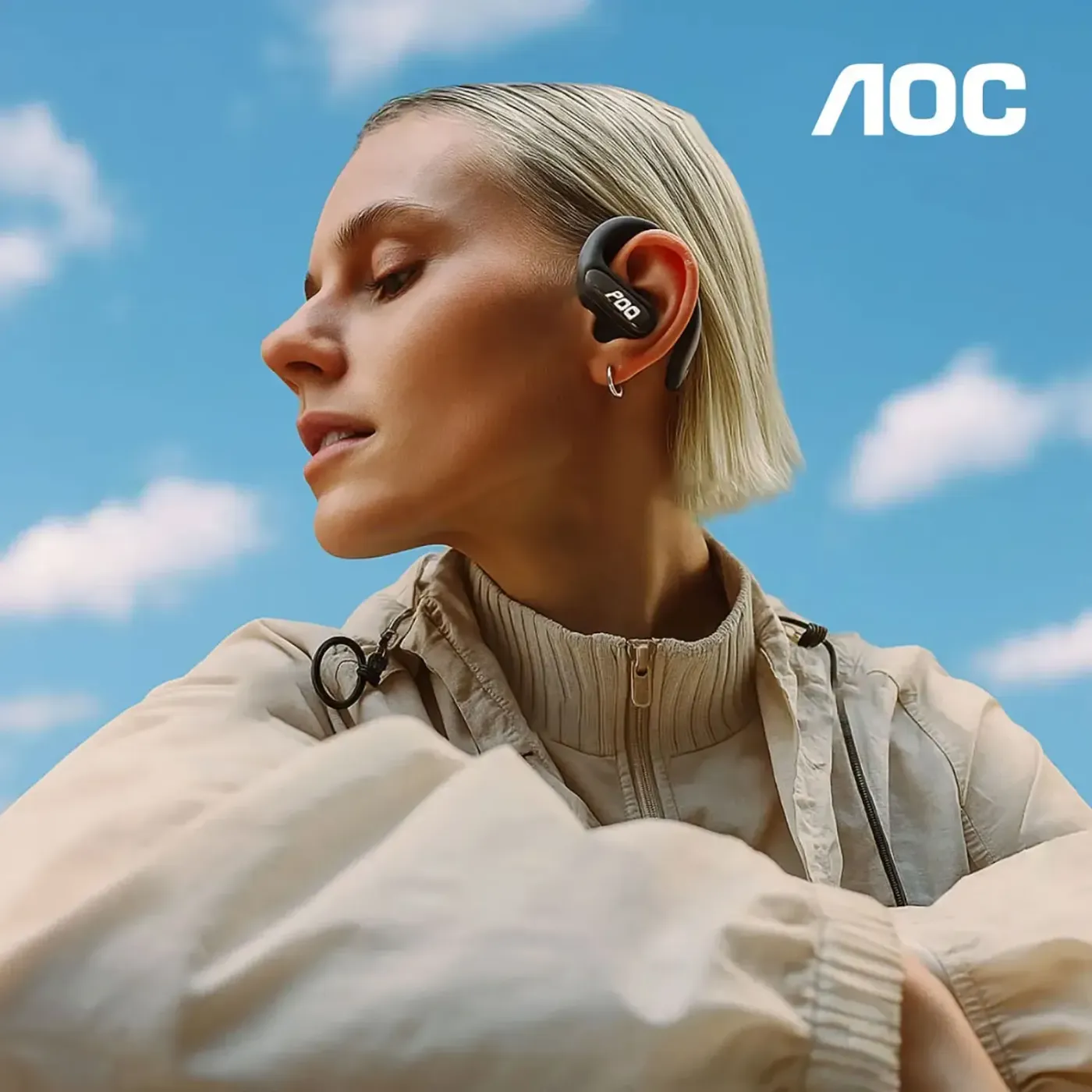 Close-up of AOC ACD3511 wireless Bluetooth earphones black with stylish over-ear design