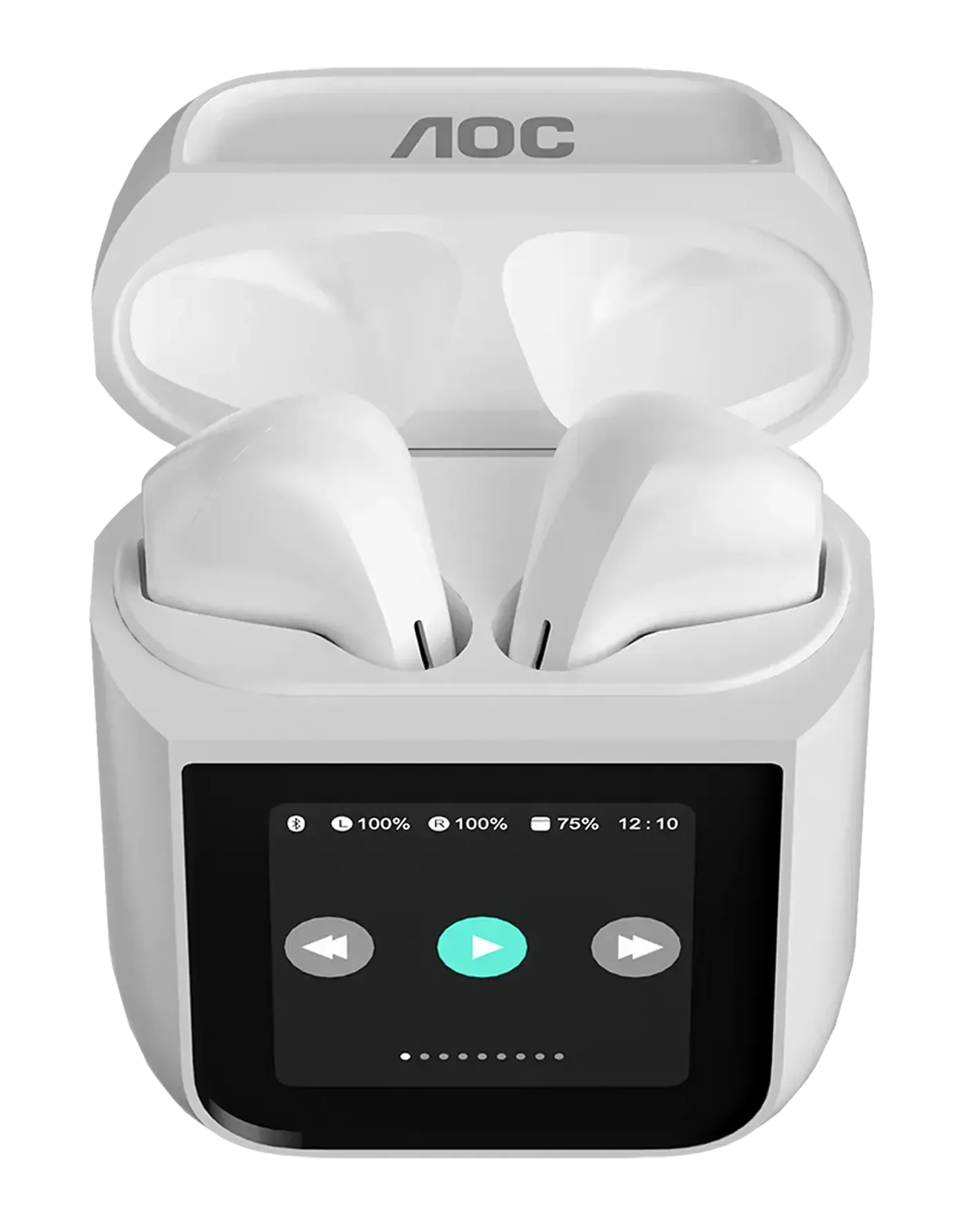AOC ACT3504 wireless earphones inside their dedicated charging case for long-lasting battery life