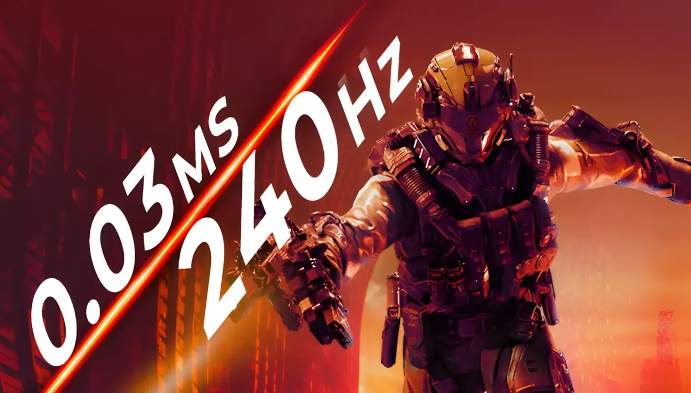 Visual representation of 240Hz refresh rate and 0.03ms response time for competitive gaming