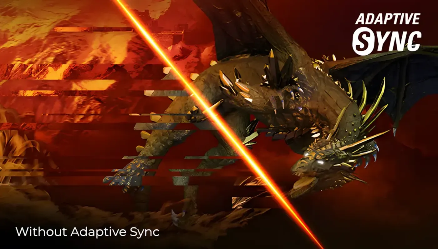 Graphic demonstrating the seamless, tear-free performance of Adaptive-Sync technology during gameplay
