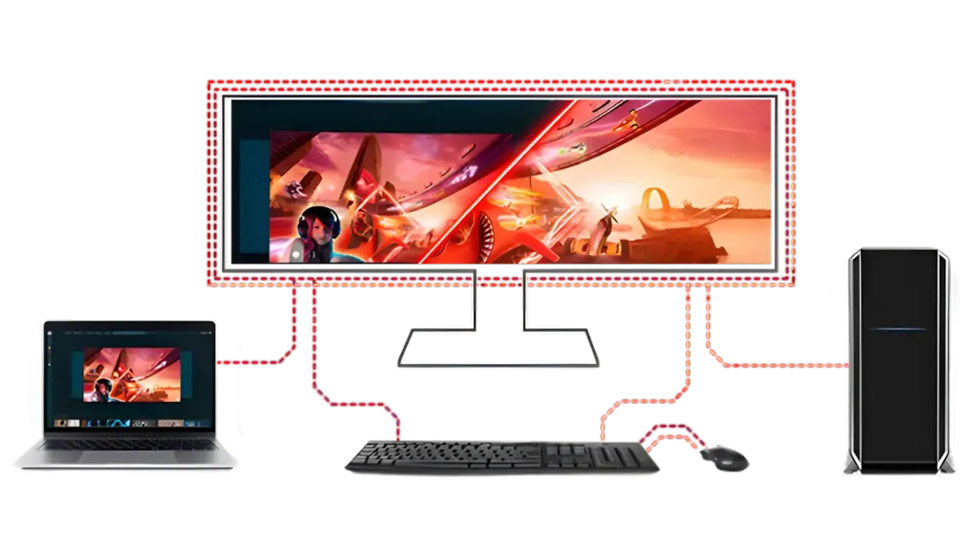 KVM switch setup controlling two computers with a single keyboard and mouse