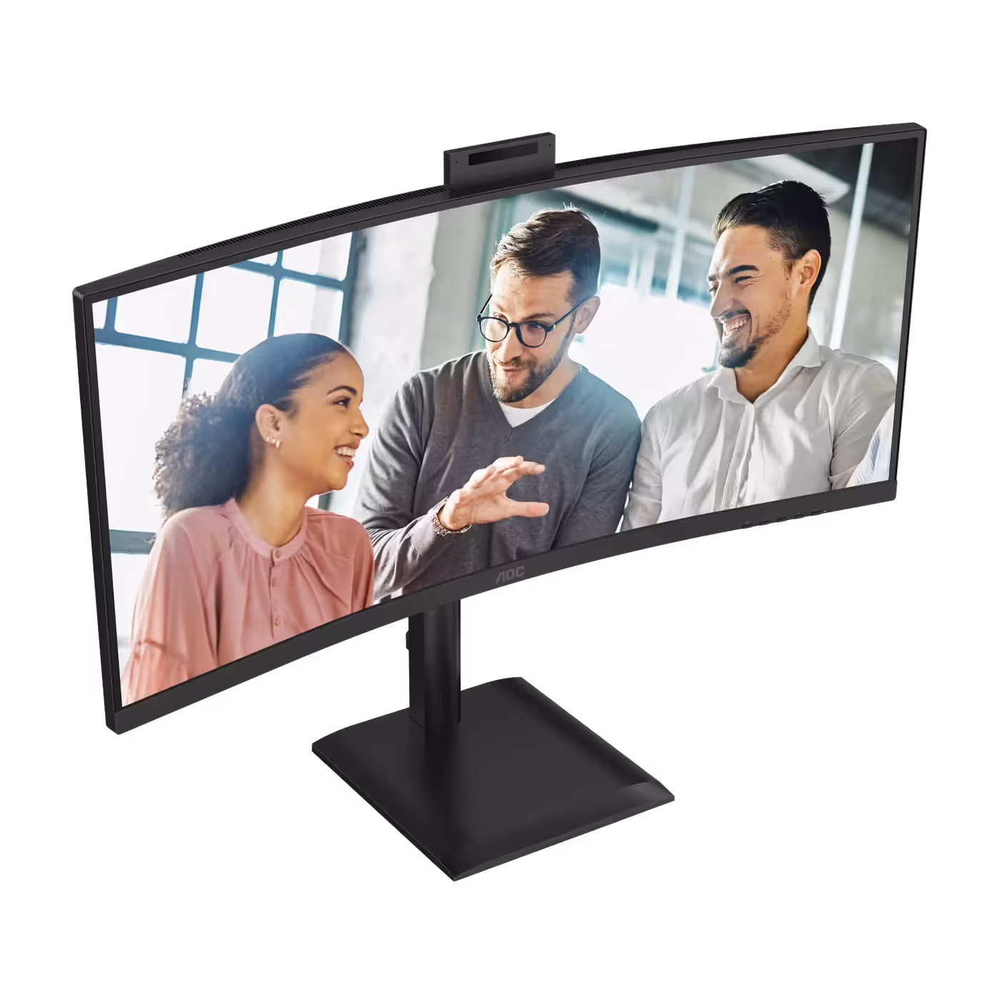 AOC CU34E4CW with its built-in webcam, angled front view