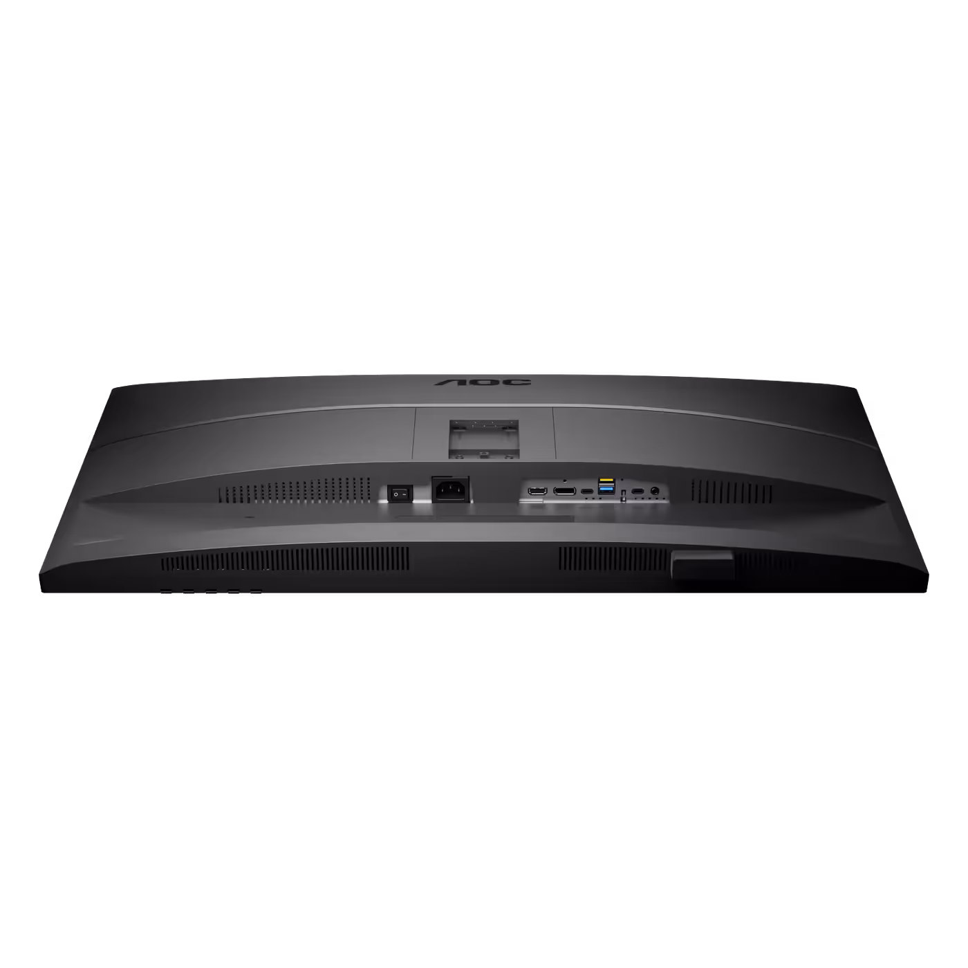 Underside of the AOC Q32P4C showing the HDMI, DisplayPort, USB-C, USB-A and audio ports