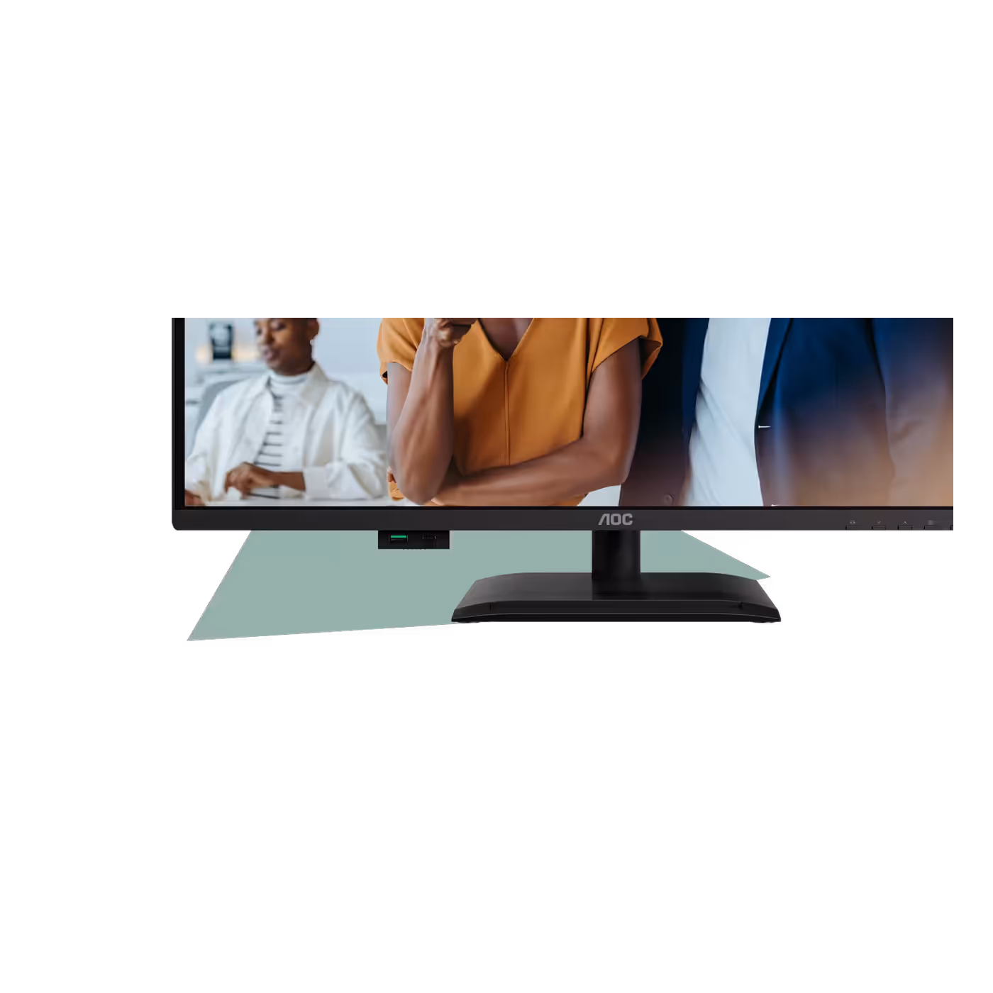 Pop-out USB hub under the AOC Q32P4C bezel with a USB-A port and a 15W USB-C port
