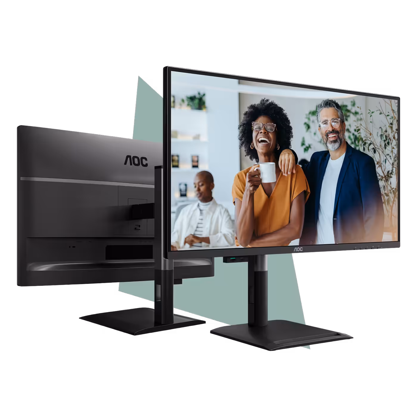 Two AOC Q32P4C monitors on their height-adjustable stands, front and back