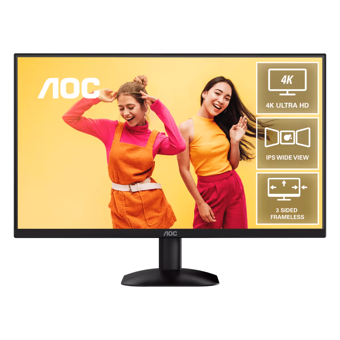 AOC U27B35 front view with 4K Ultra HD, IPS wide view and 3-sided frameless badges