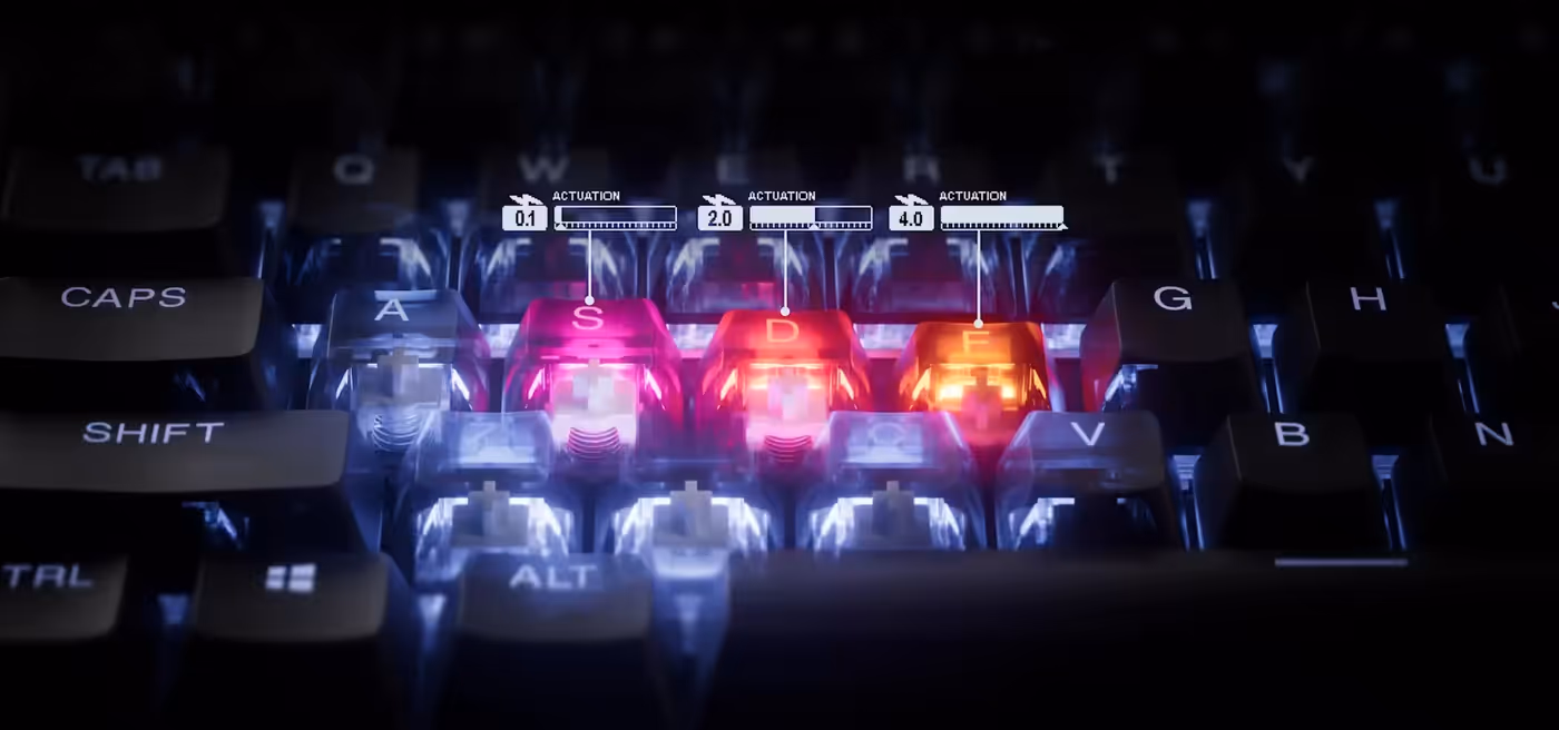 A close-up of the ASDF keys on the keyboard, which are illuminated and transparent, demonstrating adjustable actuation.