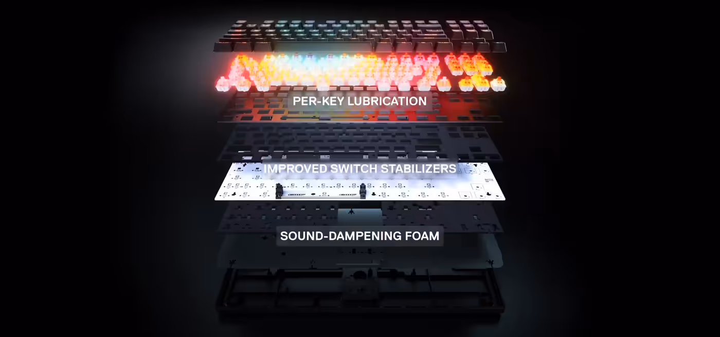 A disassembled view of the Apex Pro TKL keyboard components highlighting the internal stabilizers and sound-dampening foam layers.
