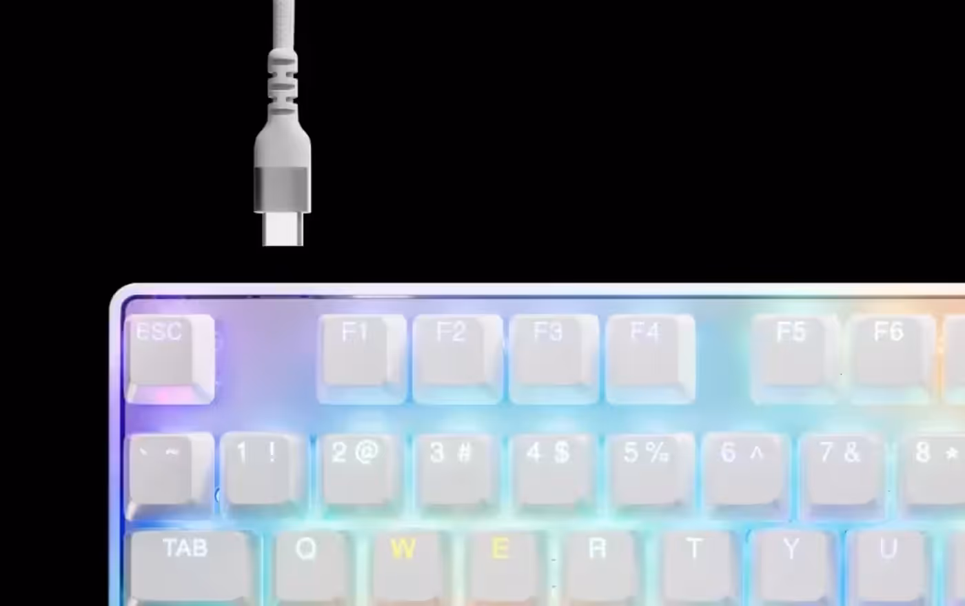 Close-up view of the keyboard's detachable USB Type-C braided cable connector.