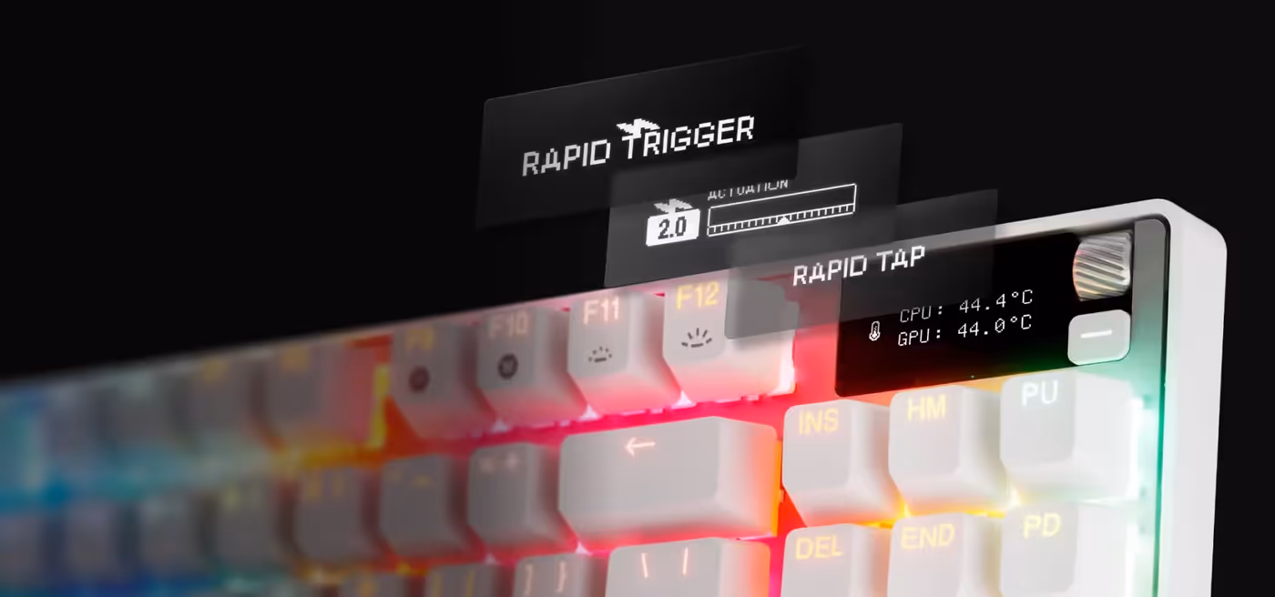 Close-up view of the keyboard's OLED Smart Screen displaying various settings and media controls.