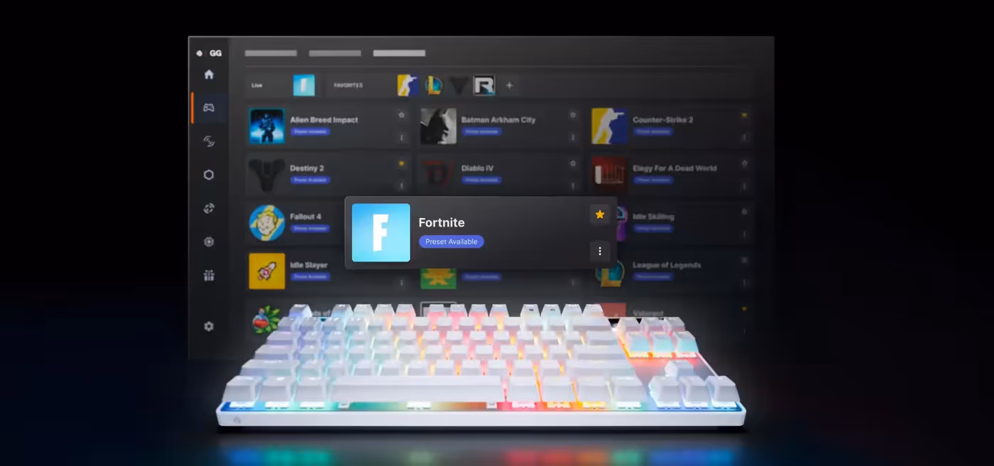 Image showing the Apex Pro TKL keyboard alongside the GG QuickSet software interface for easy configuration.