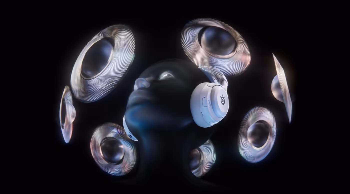 A head of a black mannequin wearing white Arctis Nova 5, surrounded by multiple floating speakers.