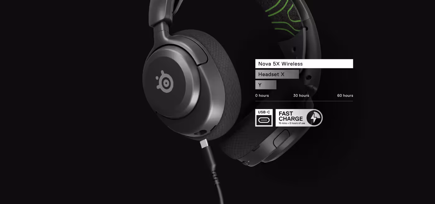 Large Arctis Nova 5 headphones with visible information about battery life.